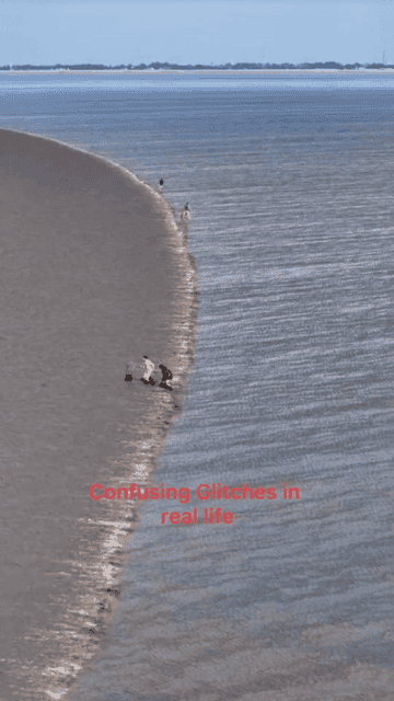 A group of people are standing on a clear, narrow, raised sandbank in the middle of a body of water. The text reads, "Confusing Glitches in real life"