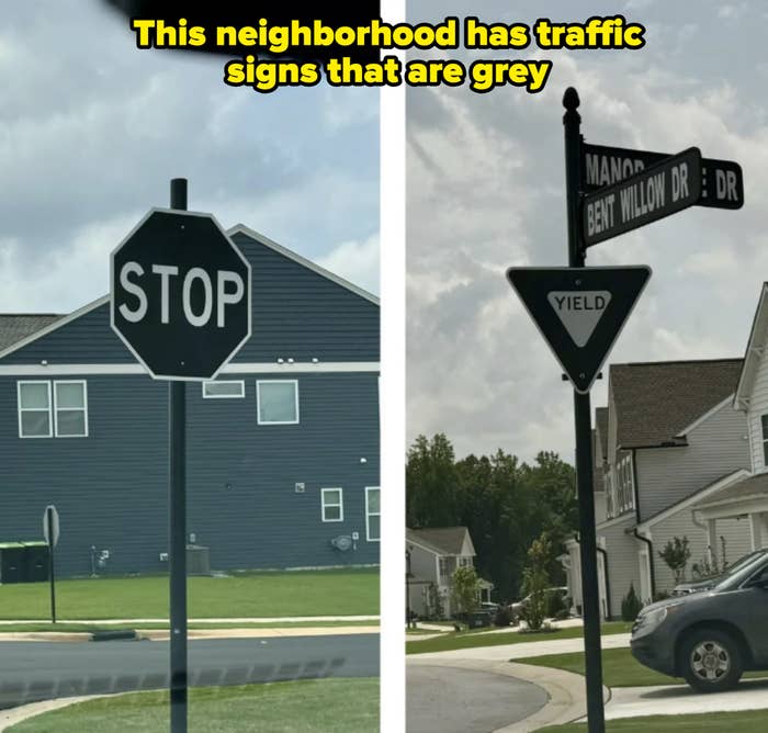 Street signs: a stop sign on the left and a yield sign with street signs for Manor Ln and Bent Willow Dr on the right, both in a residential area