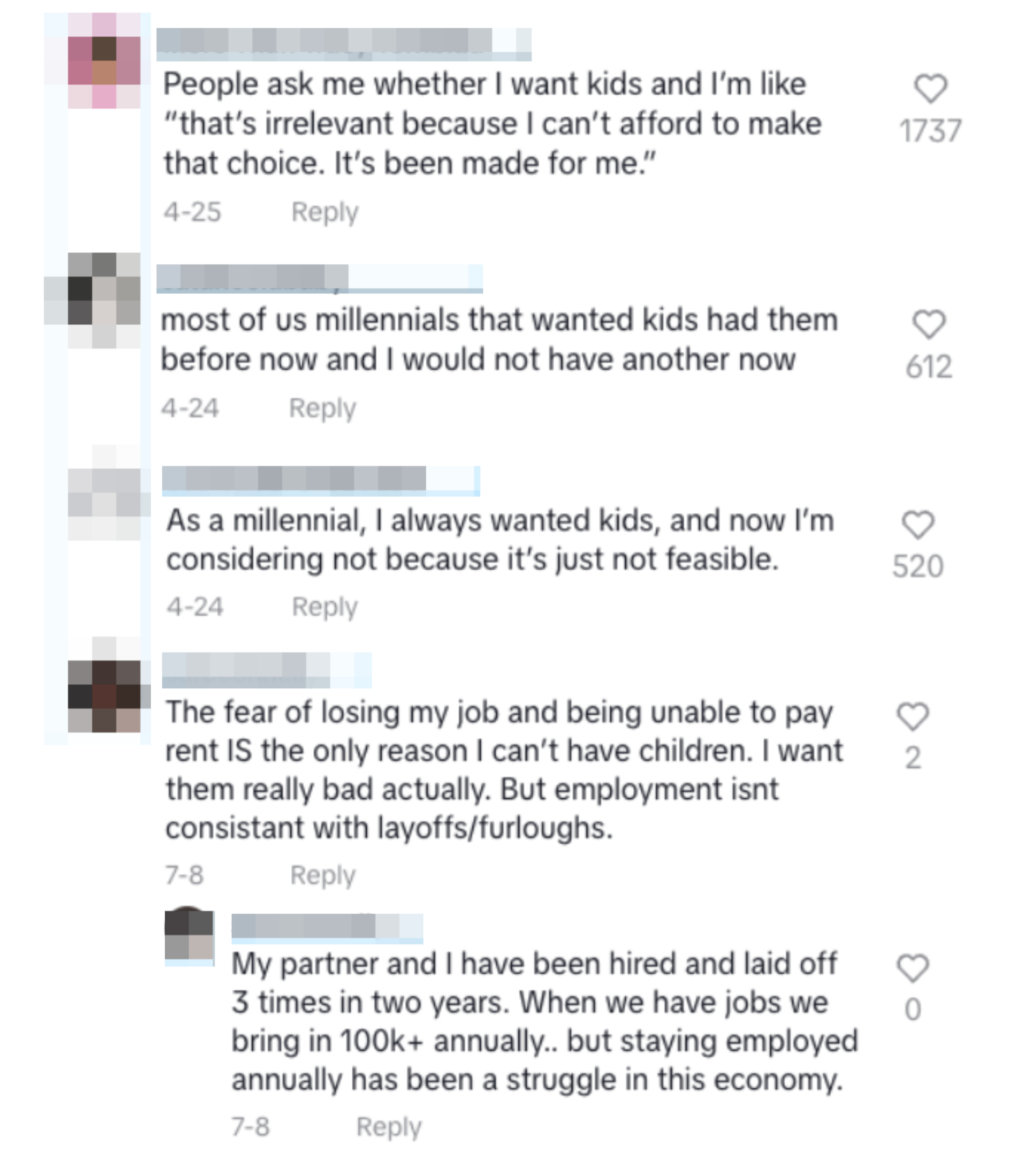 Comments on wanting kids vs. financial stability: Users discuss job and employment issues making it hard to have children