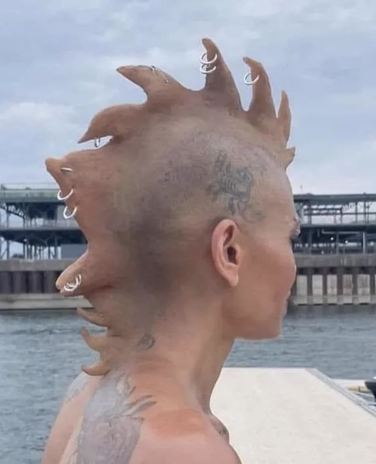 A person with a body modification on their head that looks like implants of a large, spiked mohawk adorned with circular jewelry stands by a waterfront