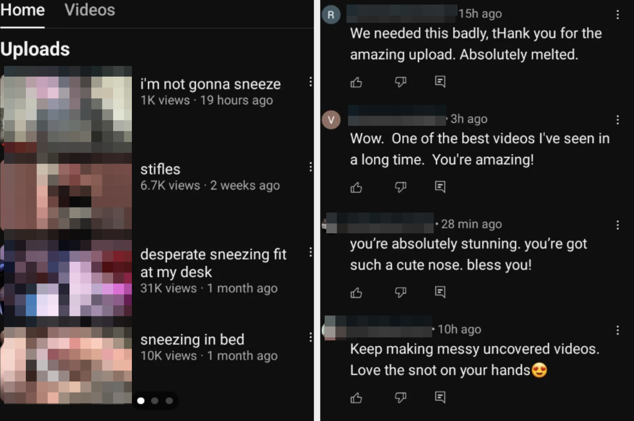 YouTube video comments page showing videos like "desperate sneezing fit at my desk" with comments praising the content and requesting similar videos