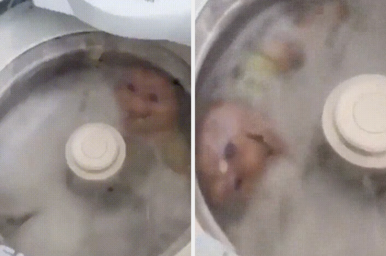 Two images of a washing machine with a toy baby doll being washed inside. The doll appears submerged in soap suds
