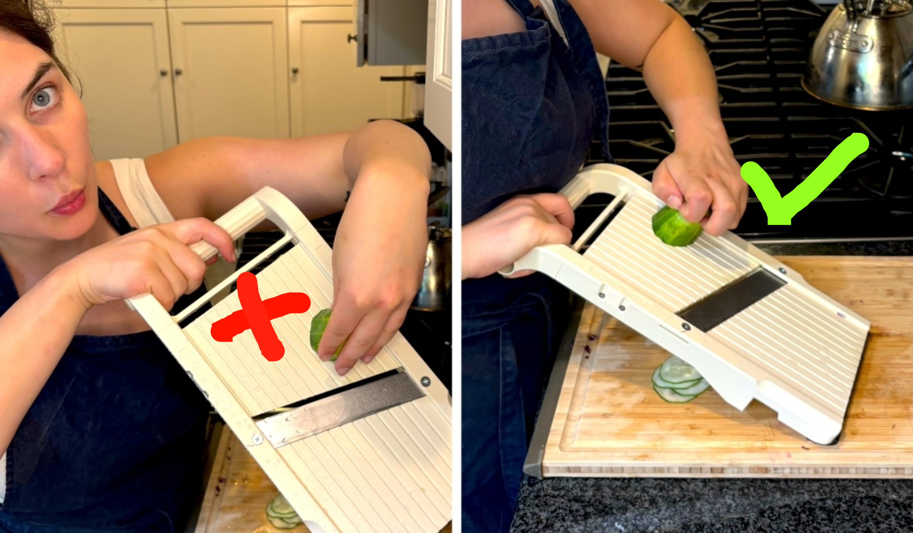 A woman in an apron uses a mandoline slicer to slice a cucumber in a kitchen.