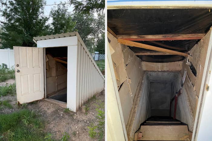 Left image shows the exterior of a small shed with an open door leading underground. Right image shows the view looking down steep, narrow stairs inside the shed