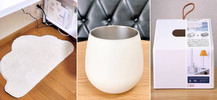 ニトリのおすすめグッズ「フロアマット 45×75cm (くも)」「まあるいステンレスタンブラー（250mL ベージュ）」「トイレロールも入るティッシュボックス(ホワイト)」