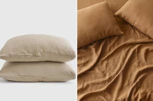 Beige textured pillows stacked on the left and an unmade bed with similar textured pillows and bedding on the right