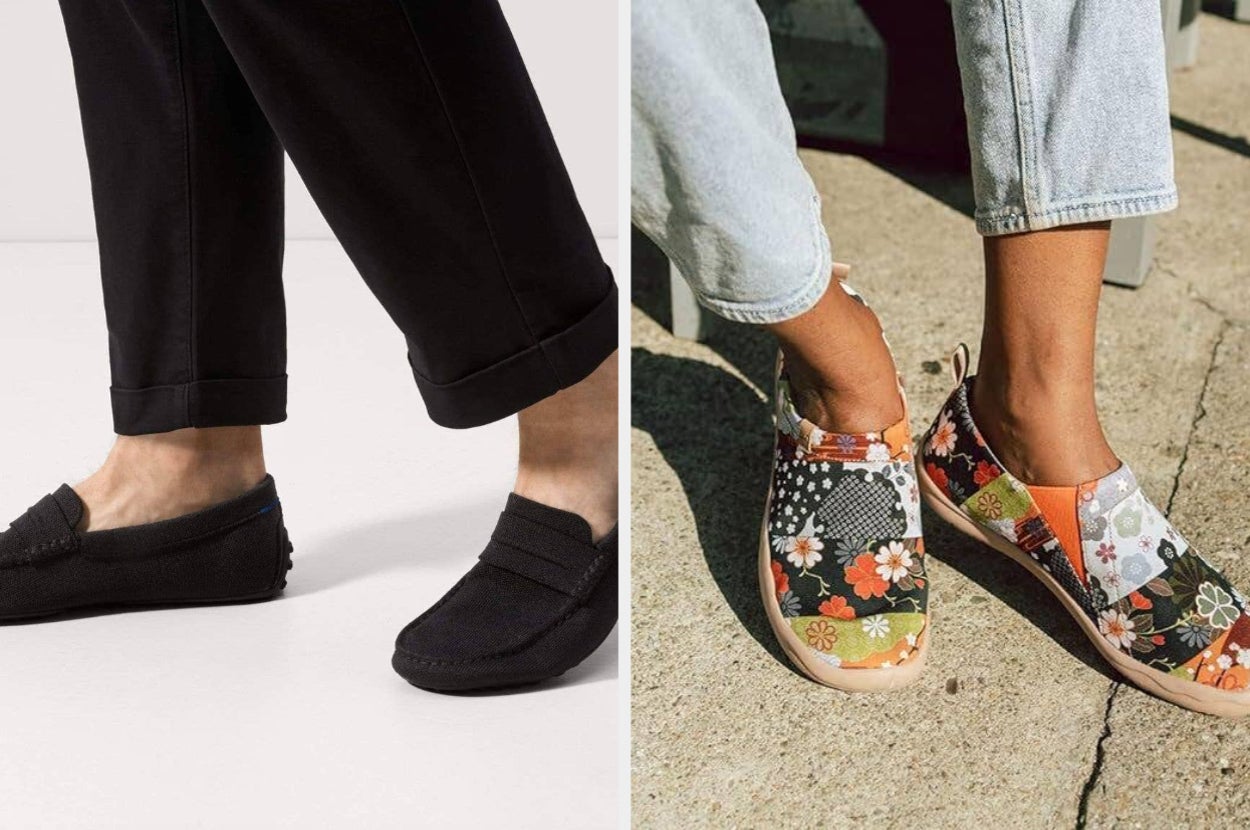 Side-by-side comparison of two pairs of shoes: black moccasins on the left and colorful patchwork slip-ons on the right