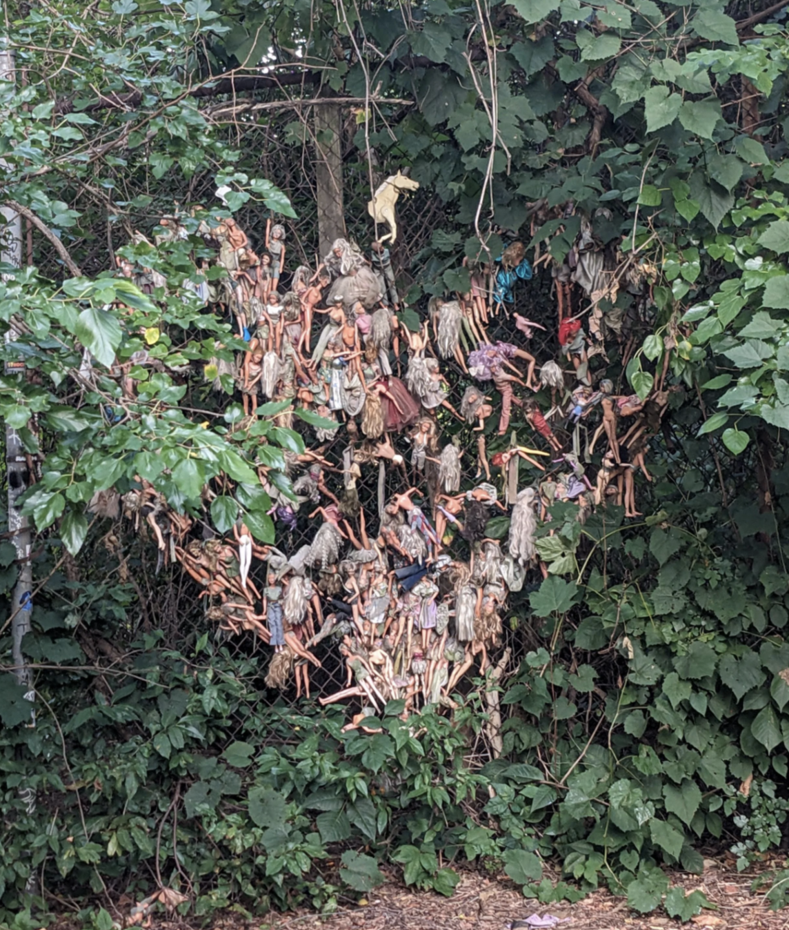 Numerous doll parts are attached to a tree in a forest, creating a haunting and eerie display among dense foliage