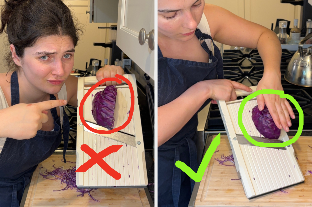 A woman in an apron demonstrates incorrect (left) and correct (right) ways to use a mandoline slicer with a red cabbage