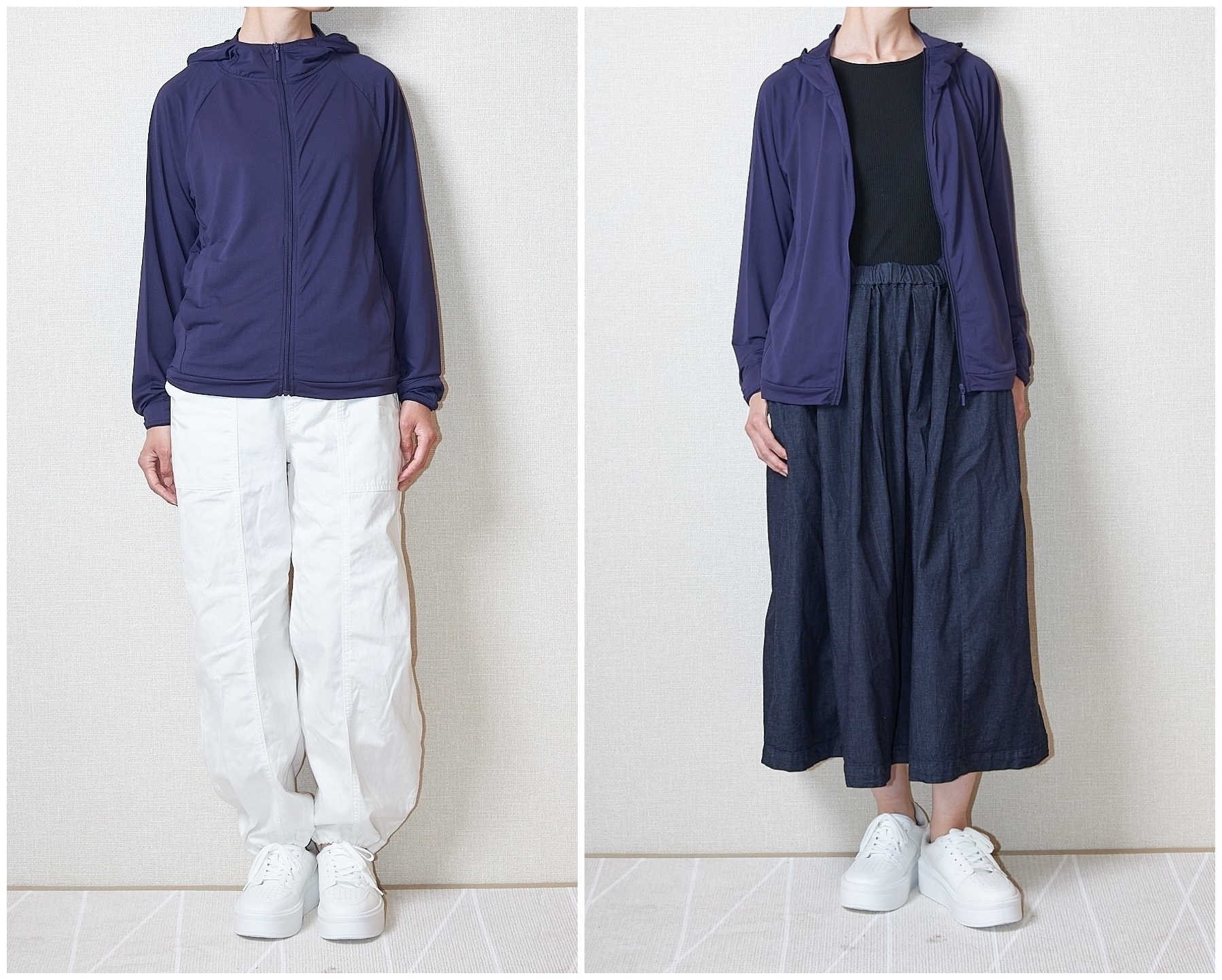 ワークマンのおすすめアイテム「レディースUVサンガードパーカー」を使ったコーディネート