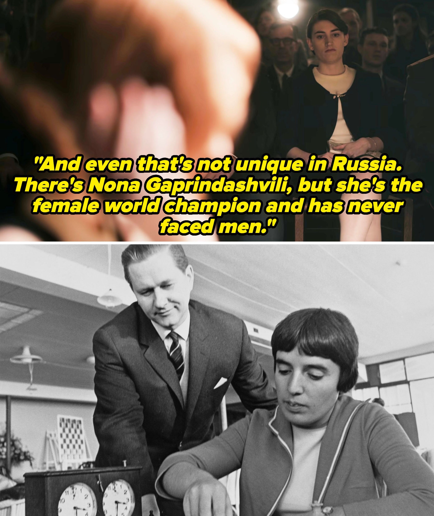 Top image: A woman with short hair and a serious expression sits in an audience. Bottom image: A man in a suit stands beside a woman concentrating on a chessboard