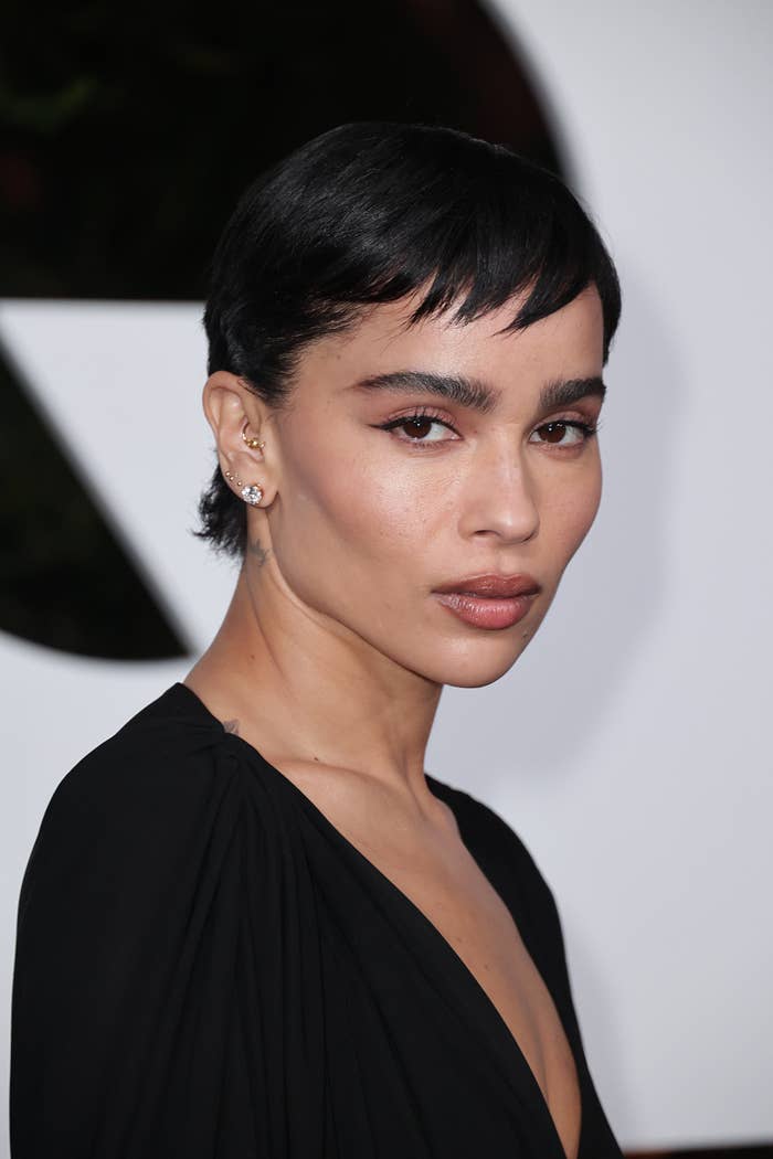 Zoe Kravitz poses in a black dress with a deep V-neckline at a formal event