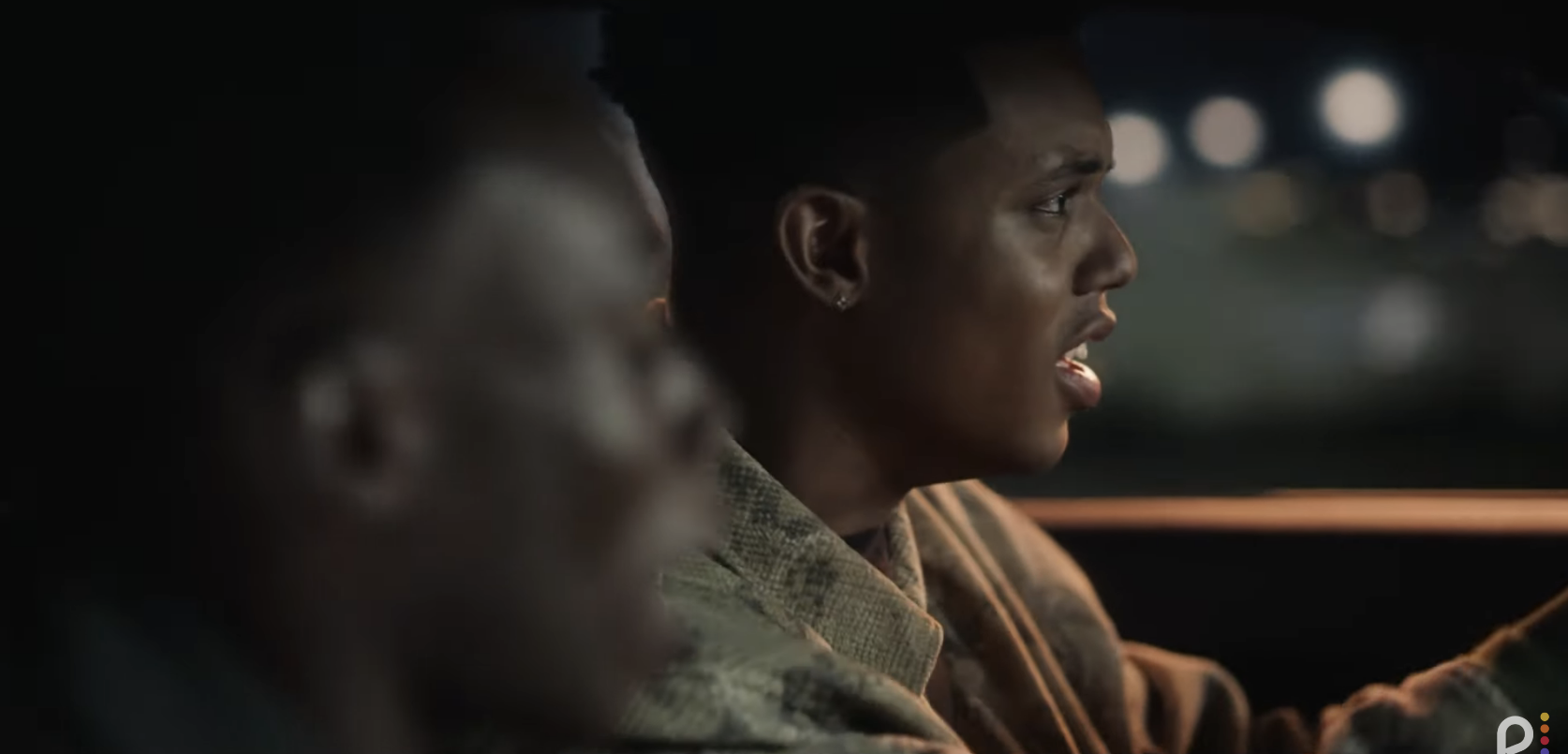 Jabari Banks and Olly Sholotan are talking in a car at night in a scene from the TV show &quot;Bel-Air&quot;