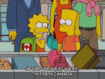Lisa and Bart Simpson stand at a luggage counter. Lisa holds a suitcase with a Canadian flag, saying, &quot;So for the next week, I'm from Canada.&quot;