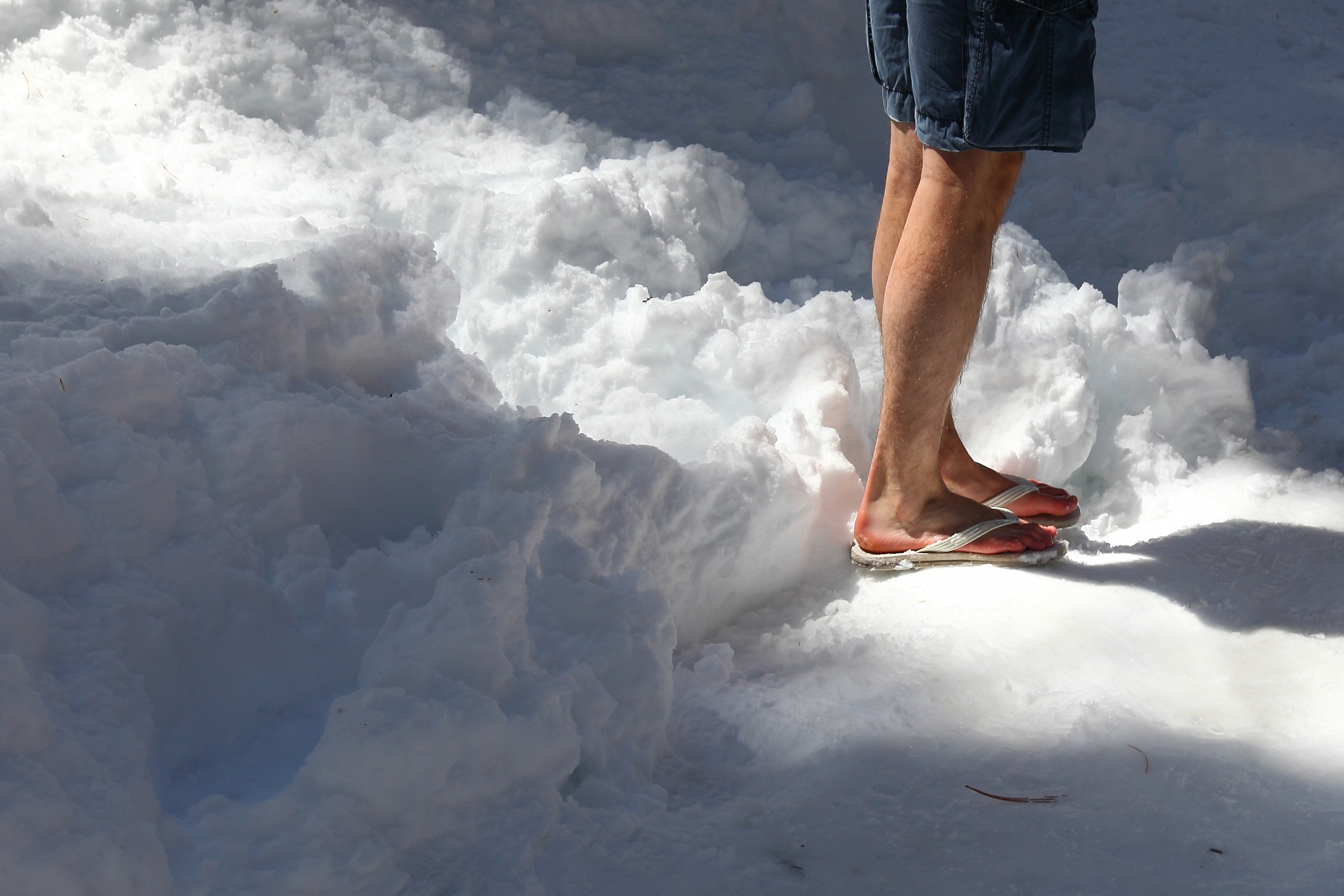 A person standing in the snow wearing flip-flops and shorts. The image highlights the contrast between summer clothing and a snowy environment