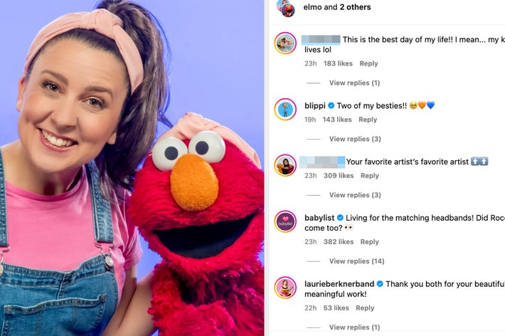 Ms. Rachel and Elmo smile in a photo. Instagram comments highlight fans' excitement and praise for the matching headbands and their work with children