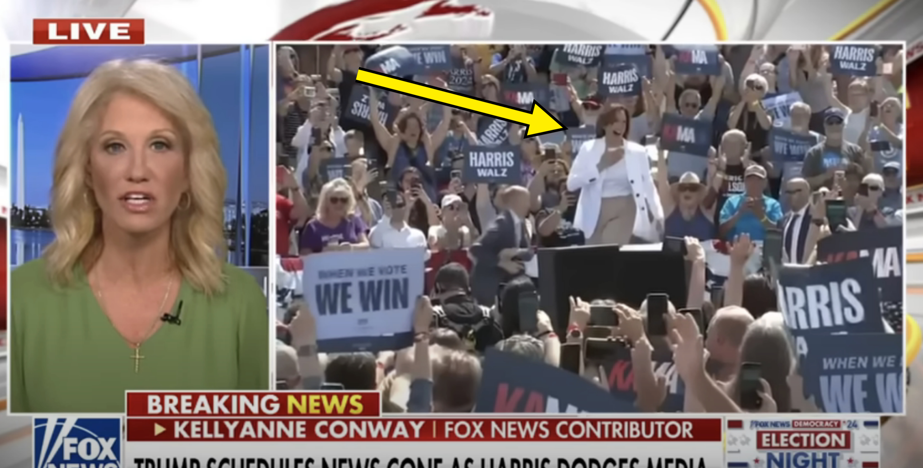 Kellyanne Conway on Fox News, discussing a political event with a large crowd holding Harris-Walz signs and banners