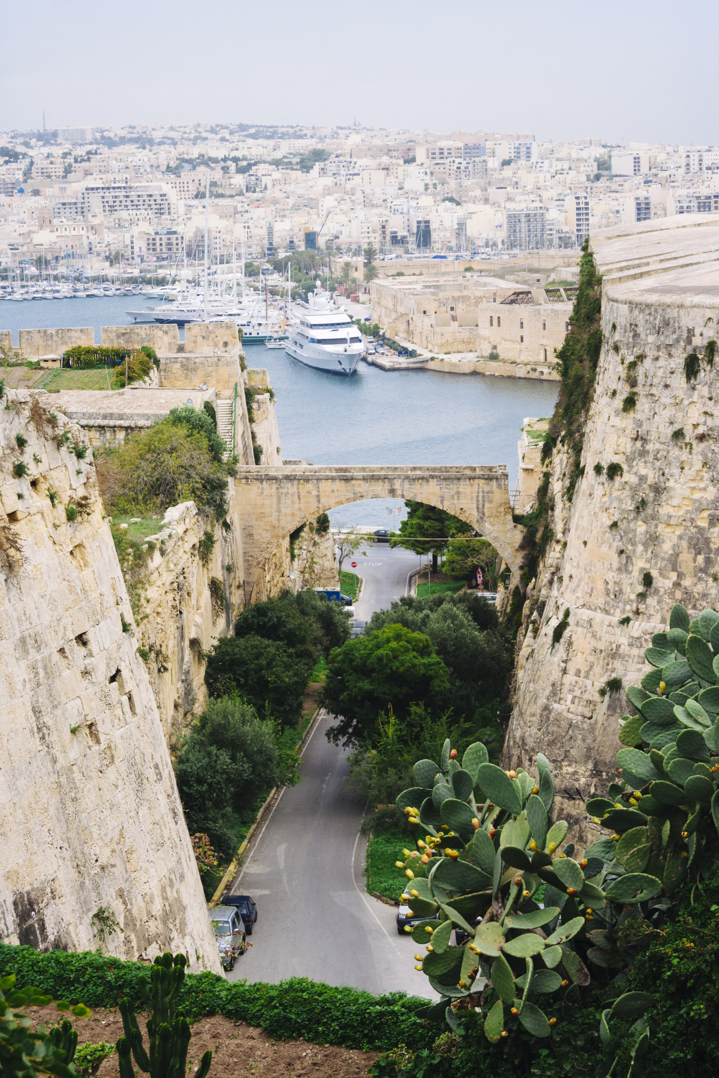 A scenic view of a historic fortified city overlooking a marina with yachts, surrounded by large stone walls and lush greenery