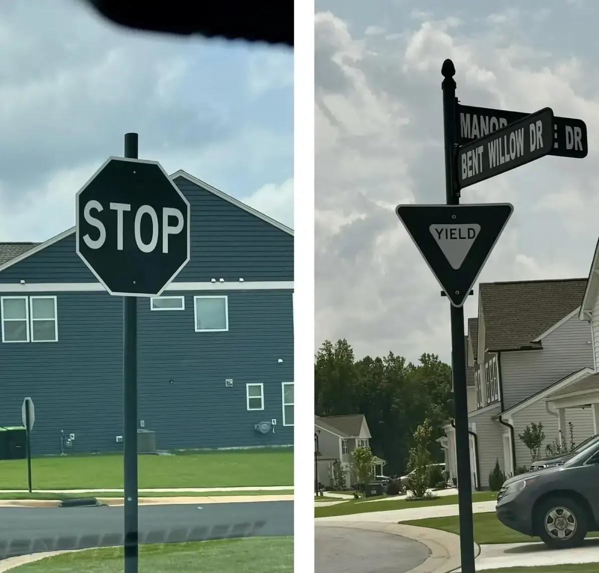 A stop sign in front of houses on a street. Next to it, a street name sign with Bent Willow Dr and Manor Dr names, with a yield sign beneath it