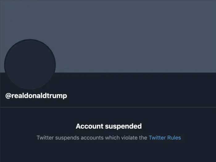 Screenshot of Twitter account of Donald Trump suspended for violating Twitter rules