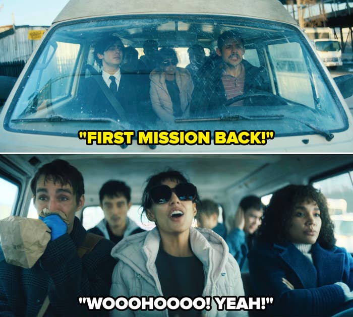 Actors from The Umbrella Academy are sitting in a van. Top: Emmy Raver-Lampman, David Castañeda, Aidan Gallagher. Bottom: Robert Sheehan, Emmy Raver-Lampman, and Justin H. Min