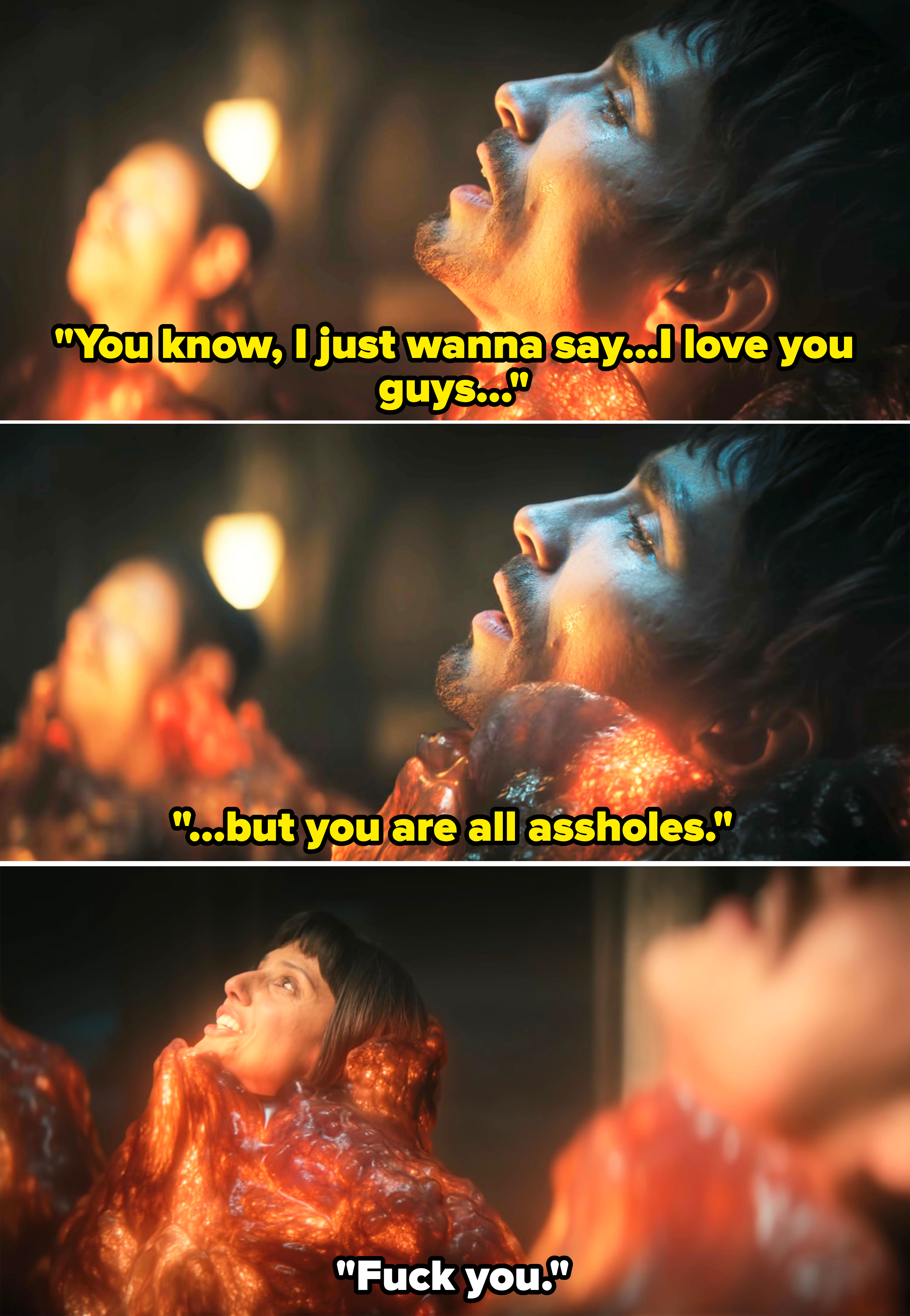 A scene from the final season of the Umbrella Academy where Klaus tells his siblings he loves them, but they are all assholes