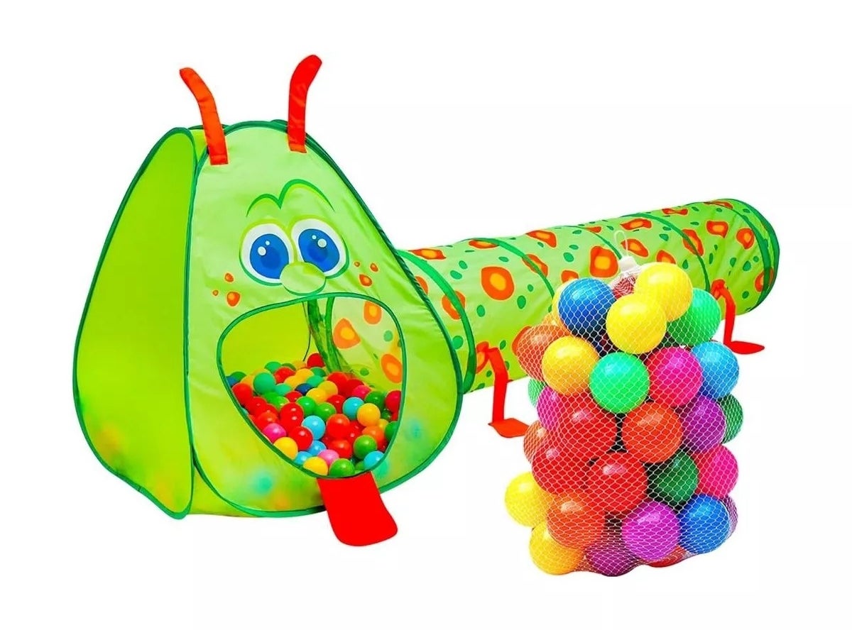 Children's play tunnel set shaped like a caterpillar with a mesh bag of colorful balls
