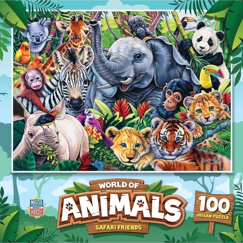 &quot;World of Animals Safari Friends 100-piece jigsaw puzzle box with illustrated animals including an elephant, zebra, lion, and panda in a jungle setting