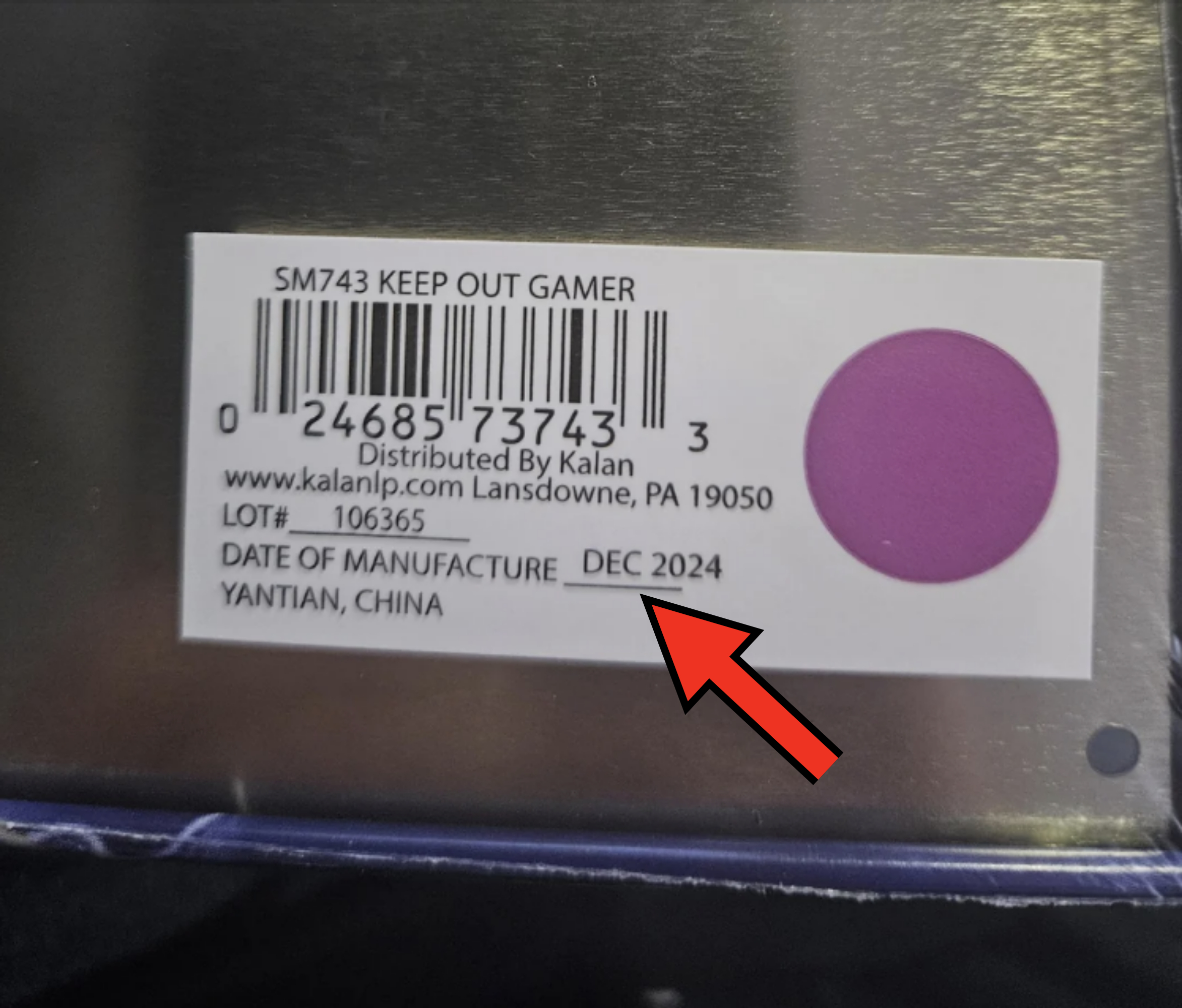 Product label showing a barcode and text: "Distributed by Kalan, Lansdowne, PA 19050. LOT #106365. Date of Manufacture DEC 2024. YANTIAN, CHINA."