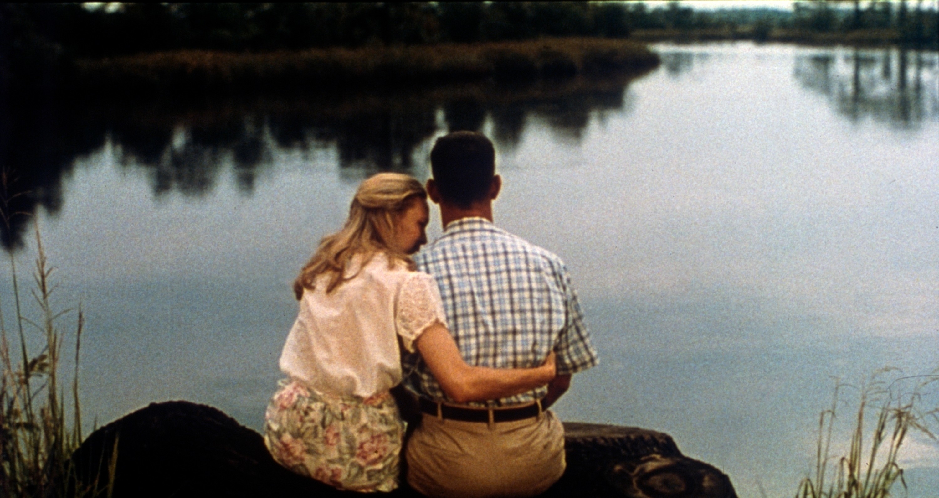 Jenny and Forrest Gump sit close together on a log by the water, sharing an intimate moment. Jenny's arm is around Forrest