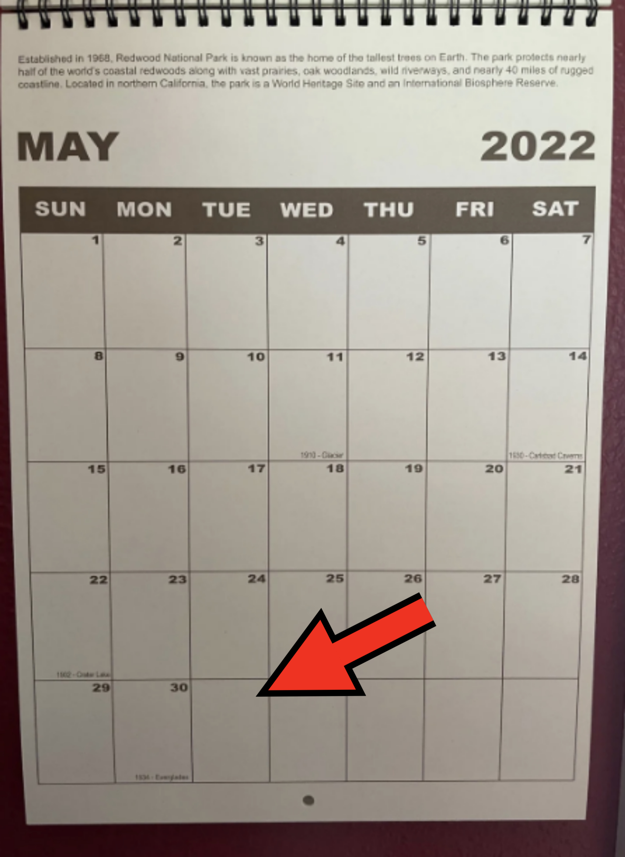May 2022 calendar page with text about Redwood National Park's significance and protections