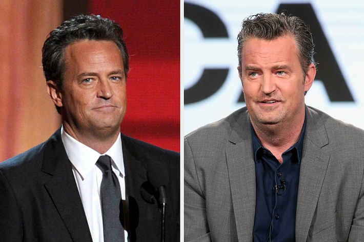 Matthew Perry in a suit and tie on the left, and Matthew Perry in a casual suit without a tie on the right