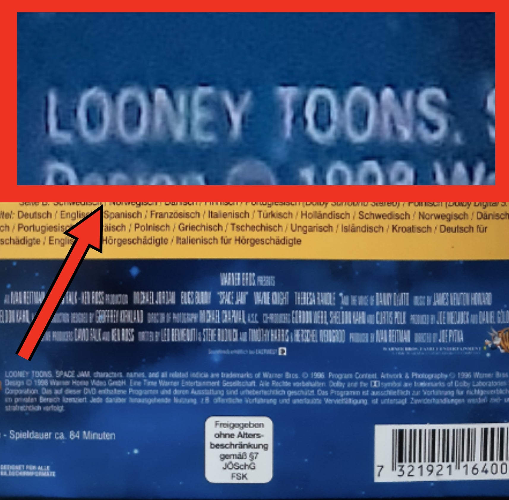 DVD cover for the movie Space Jam featuring Bugs Bunny, Michael Jordan, and other Looney Tunes characters against a space-themed background. Summary of text: Description of movie plot and features