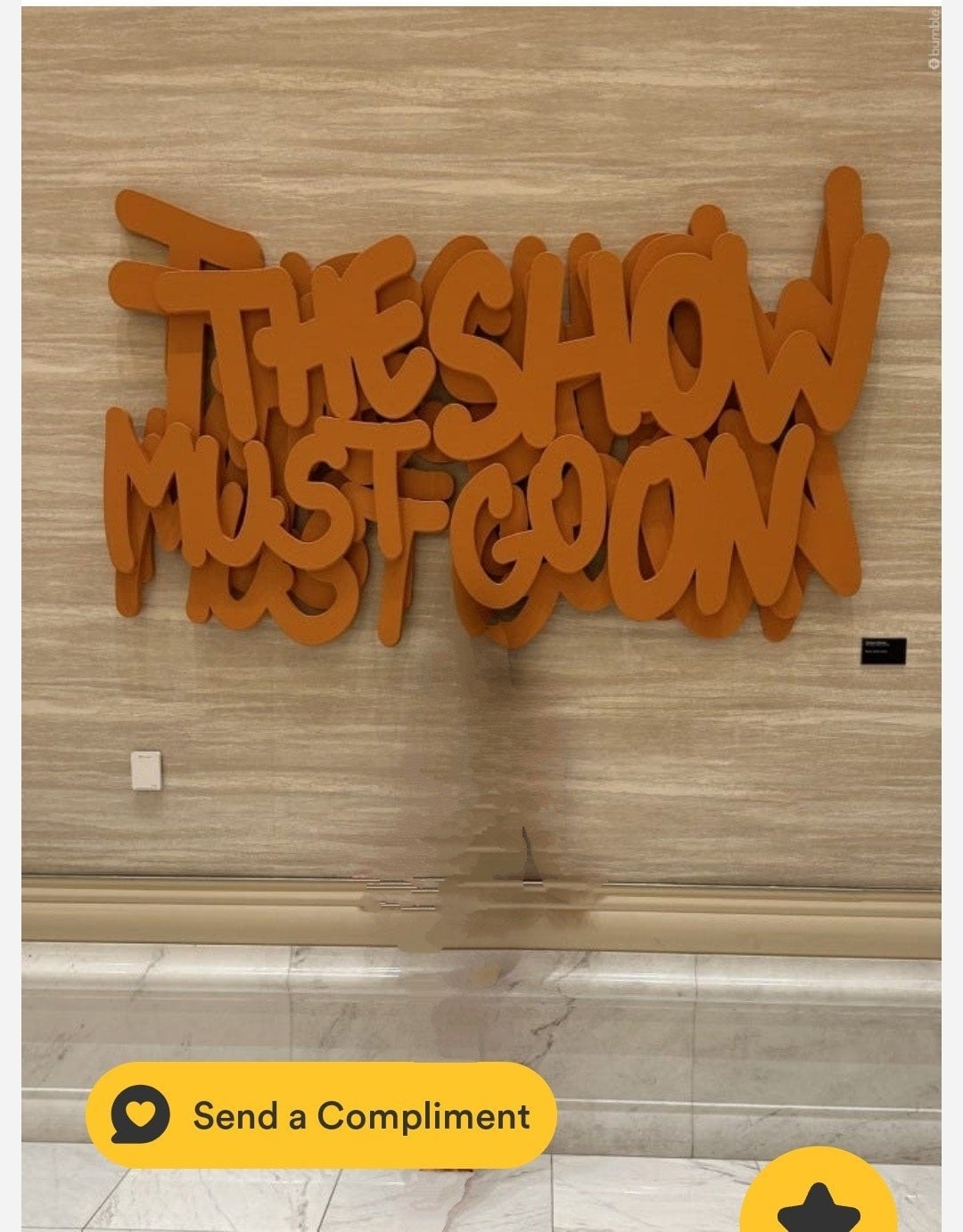 Graffiti-style art installation with the words "THE SHOW MUST GO ON" on a wall, but "go on" has no spaces so it looks like "goon"
