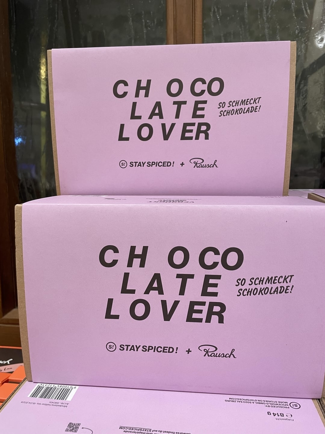 Boxes labeled "Chocolate Lover" but the way it's laid out it looks like "ch oco late lover"