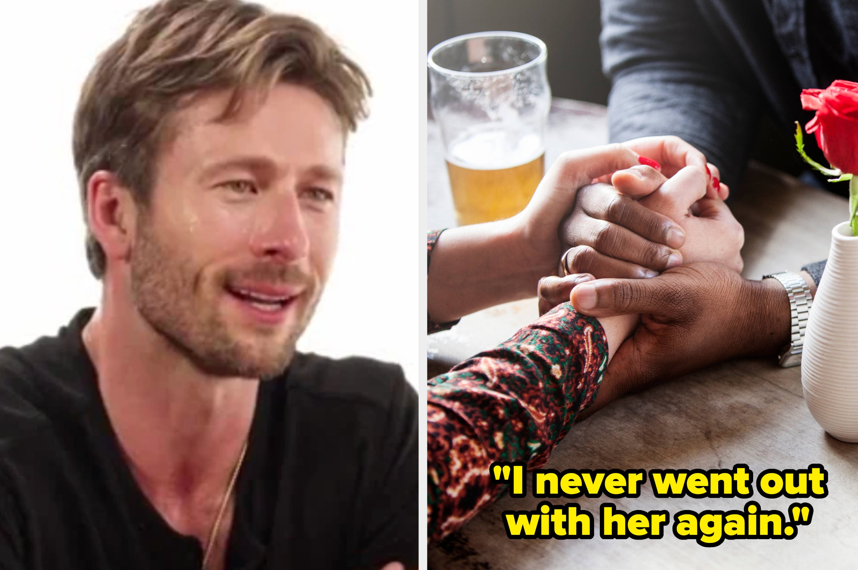 glen powell on the left, appears emotional. On the right, a couple holding hands across a table with a red rose in a vase
