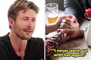 glen powell on the left, appears emotional. On the right, a couple holding hands across a table with a red rose in a vase