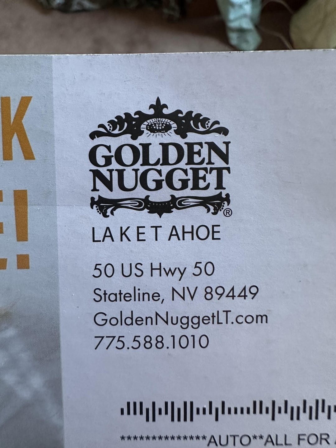 A flyer for the Golden Nugget Lake Tahoe, but the letters are oddly spaced