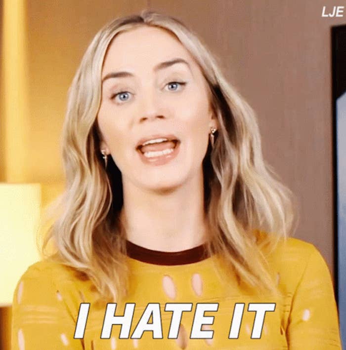 Emily Blunt expresses dislike with the caption "I HATE IT"