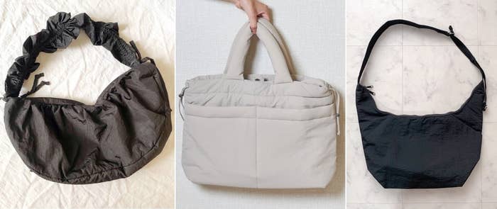 GUのおすすめアイテム「フリルショルダーバッグ」「パフドローストリングショルダーバッグ」「ソフトナイロンクロスボディバッグ」