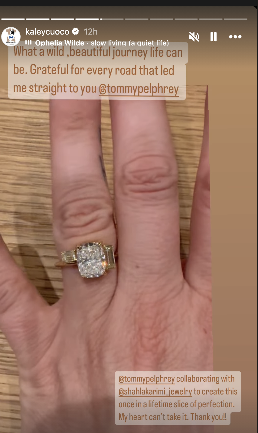 Close-up of Kaley Cuoco&#x27;s hand showing an engagement ring