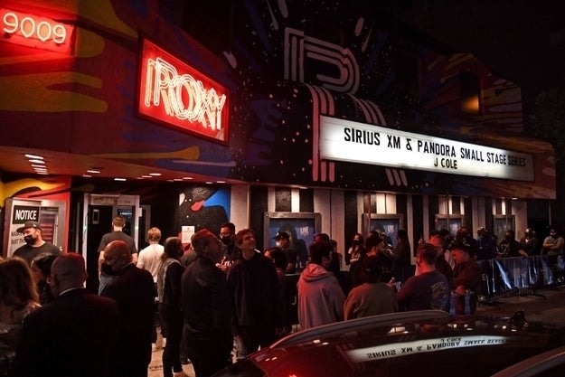 Crowd gathers outside The Roxy Theatre in Los Angeles for Sirius XM & Pandora Small Stage Series featuring J. Cole
