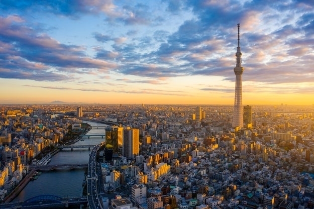 Tokyo skyline with prominent Tokyo Skytree tower, a river winding through the city, and buildings stretching towards mountains in the distance