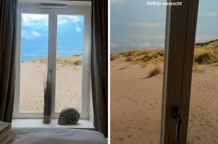 窓の外に砂漠が広がる部屋が映されており、上部に「Wir wurden komplett bei AirBnb verarscht」とのテキストが表示されています。