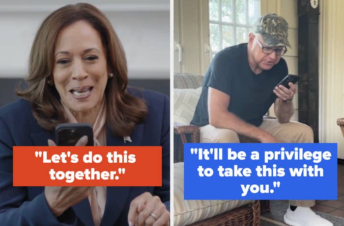 Kamala Harris and Tim Walz, each on a phone call, with Harris saying, &quot;Let's do this together,&quot; and Walz saying, &quot;It'll be a privilege to take this with you&quot;