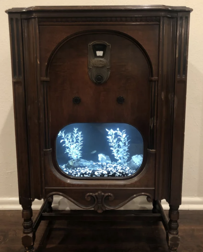 Antique wooden cabinet transformed into a fish tank with decorative plants inside