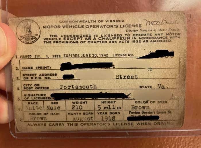 An old Virginia motor vehicle operator's license for William Stewart, issued in 1939, expiring in 1942. Includes personal details and a signature