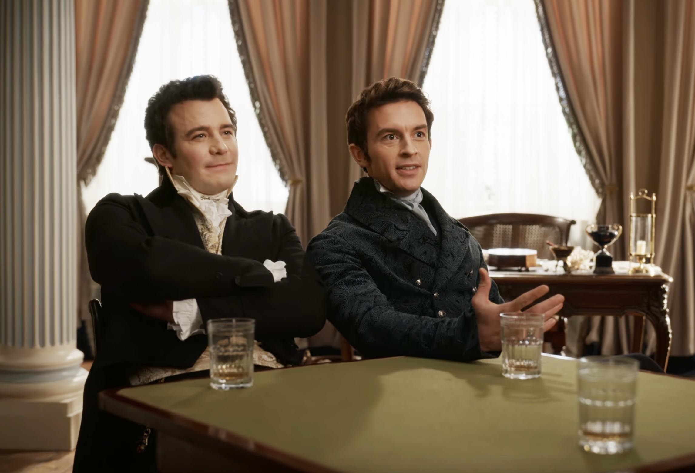 Benedict and Anthony sitting in a scene from "Bridgerton"