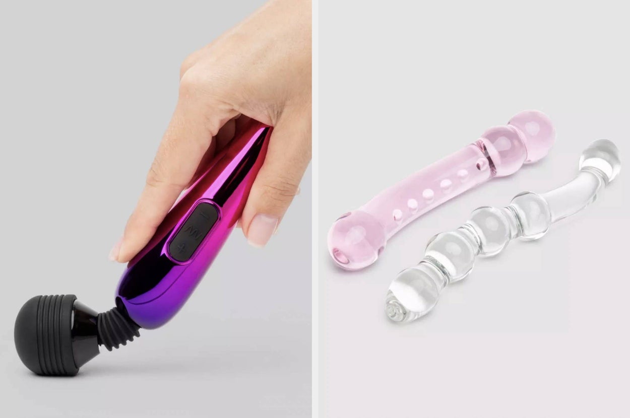 Close-up of a hand holding a rechargeable mini-massage wand and two different glass dildos