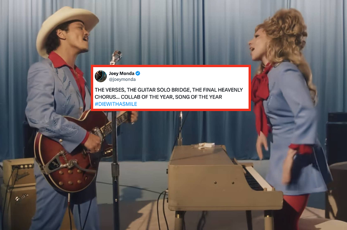 Orville Peck and Trixie Mattel performing in vibrant outfits with a tweet from Joey Monda praising their collaboration and calling it the song of the year